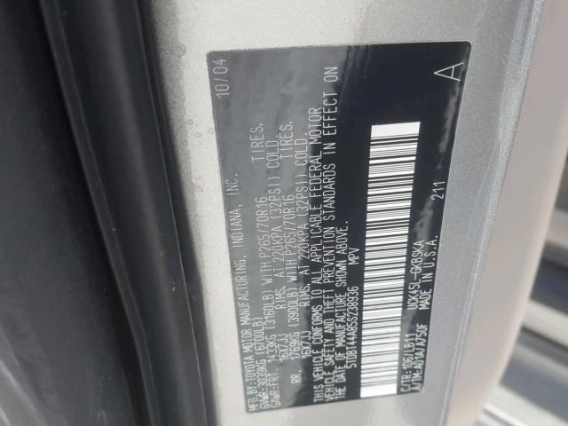 5TDBT44A85S238936 - 2005 TOYOTA SEQUOIA SR SILVER photo 10