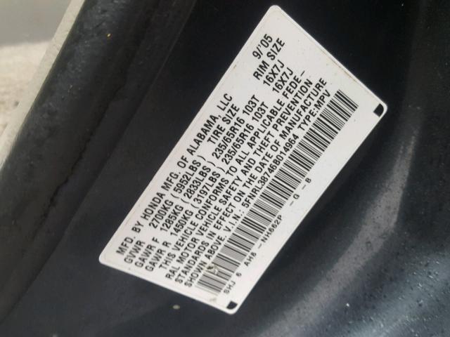 5FNRL38746B014964 - 2006 HONDA ODYSSEY EX GRAY photo 10