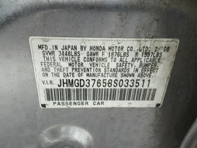 JHMGD37658S033511 - 2008 HONDA FIT SPORT GRAY photo 10