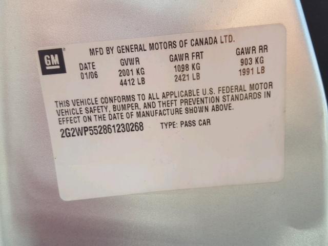 2G2WP552861230268 - 2006 PONTIAC GRAND PRIX SILVER photo 10
