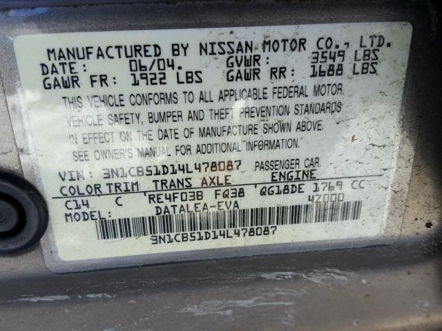 3N1CB51D14L478087 - 2004 NISSAN SENTRA 1.8 GRAY photo 10