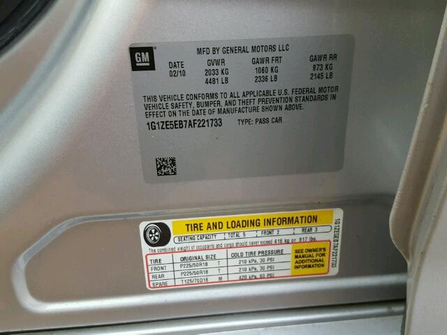 1G1ZE5EB7AF221733 - 2010 CHEVROLET MALIBU LTZ 银色 照片 10