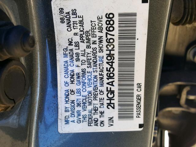 2HGFA16549H367686 - 2009 HONDA CIVIC LX GRAY photo 10