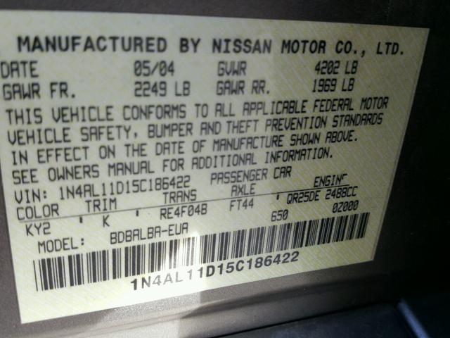 1N4AL11D15C186422 - 2005 NISSAN ALTIMA S TAN photo 10