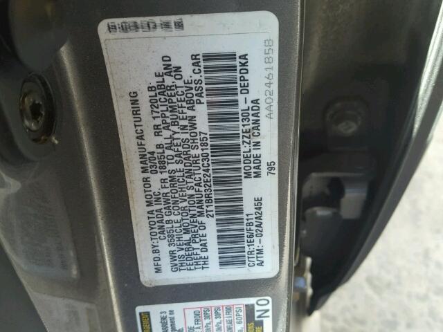 2T1BR32E24C301857 - 2004 TOYOTA COROLLA CE GRAY photo 10