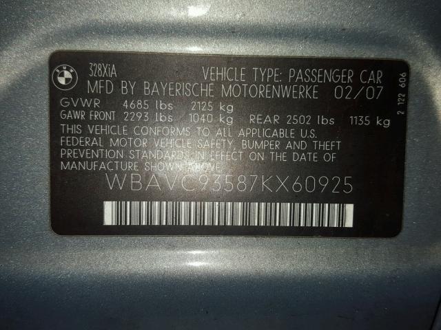 WBAVC93587KX60925 - 2007 BMW 328 XI SILVER photo 10