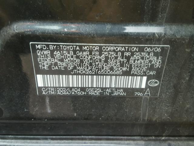 JTHCK262165006685 - 2006 LEXUS IS 250 BLACK photo 10