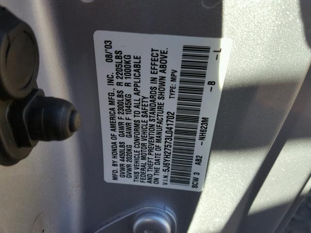 5J6YH27573L041702 - 2003 HONDA ELEMENT EX GRAY photo 10