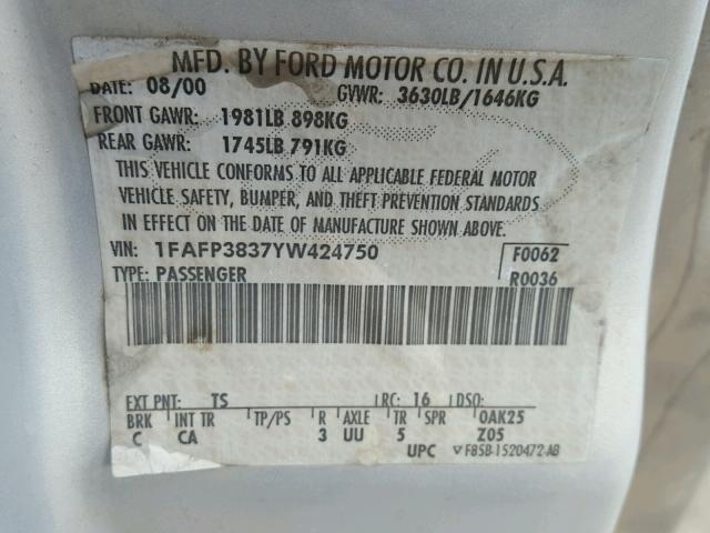 1FAFP3837YW424750 - 2000 FORD FOCUS ZTS SILVER photo 10