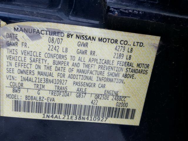 1N4AL21E38N410927 - 2008 NISSAN ALTIMA 2.5 BLUE photo 10