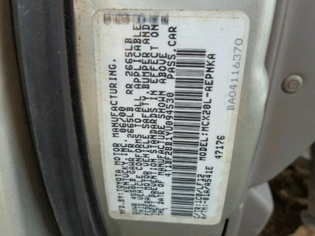 4T1BF28B1YU094530 - 2000 TOYOTA AVALON XL SILVER photo 10