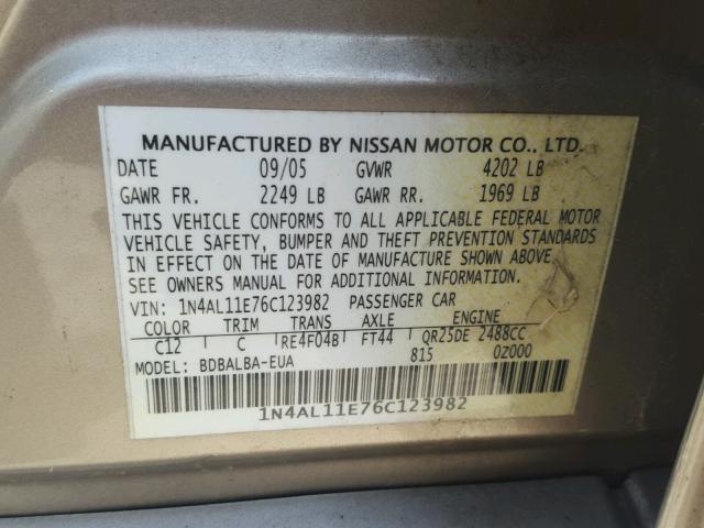 1N4AL11E76C123982 - 2006 NISSAN ALTIMA S GOLD photo 10