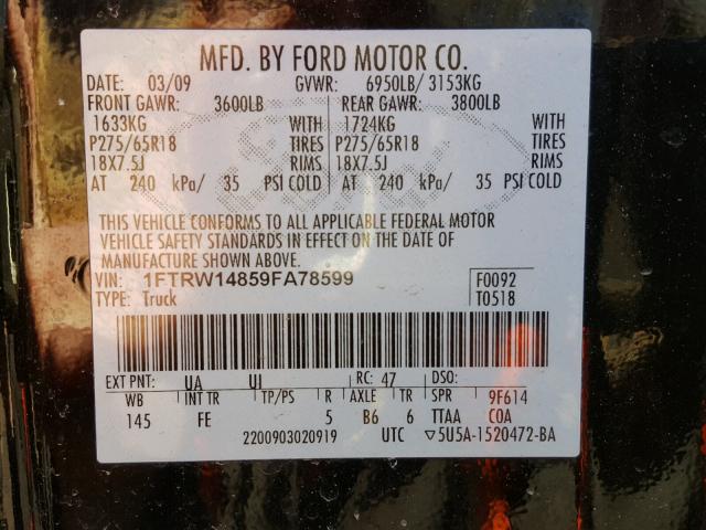 1FTRW14859FA78599 - 2009 FORD F150 SUPER BLACK photo 10