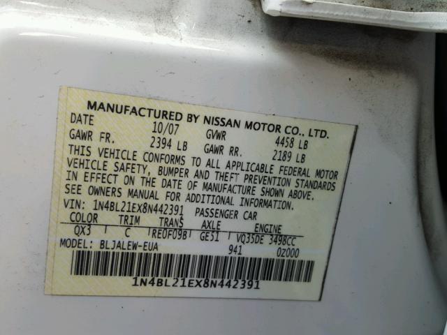 1N4BL21EX8N442391 - 2008 NISSAN ALTIMA 3.5 WHITE photo 10