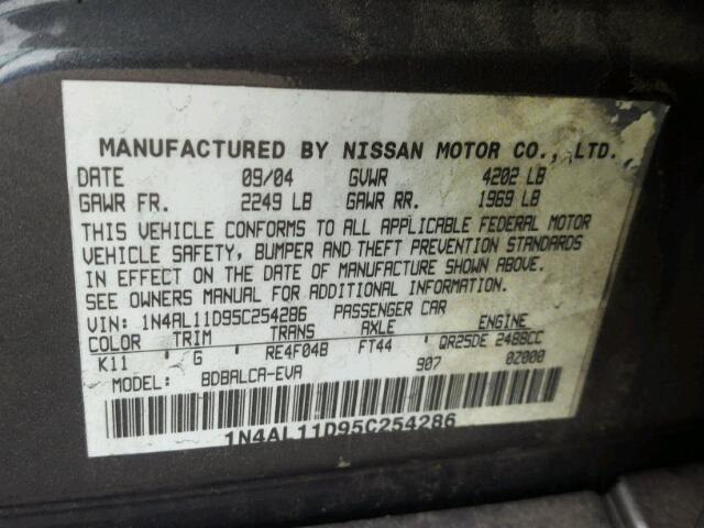 1N4AL11D95C254286 - 2005 NISSAN ALTIMA S GRAY photo 10