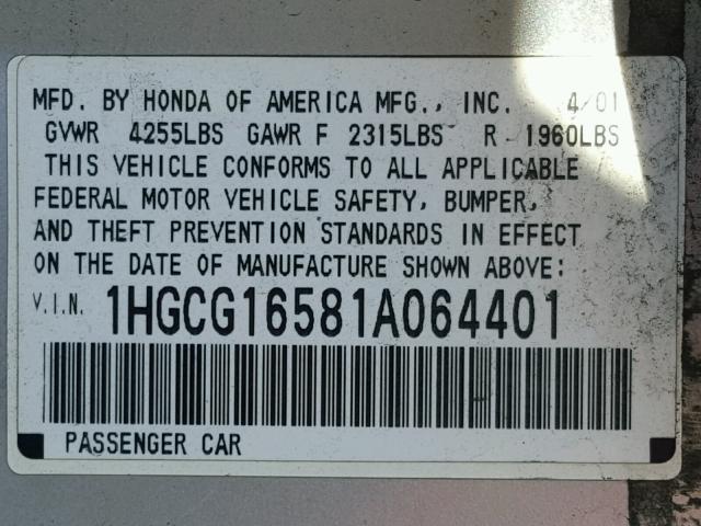 1HGCG16581A064401 - 2001 HONDA ACCORD EX SILVER photo 10