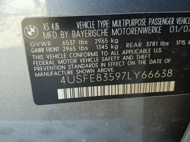 4USFE83597LY66638 - 2007 BMW X5 4.8I GRAY photo 10