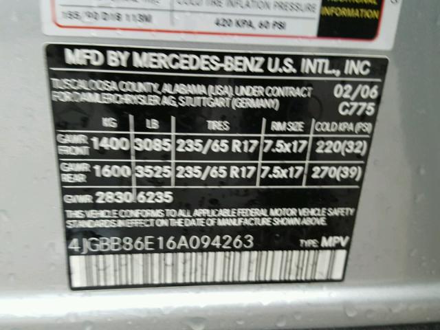 4JGBB86E16A094263 - 2006 MERCEDES-BENZ ML 350 SILVER photo 10