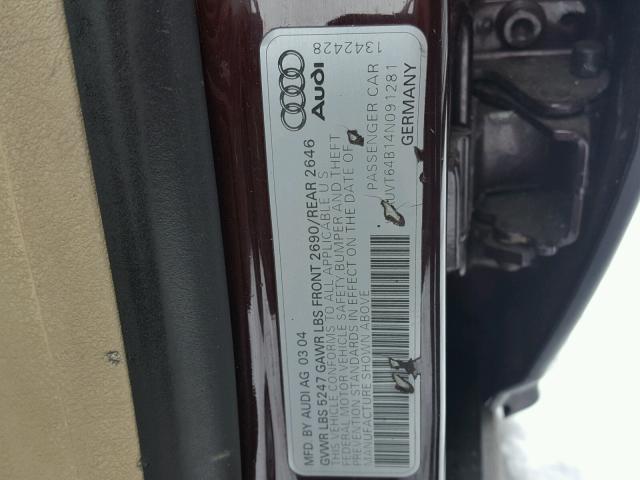 WAUVT64B14N091281 - 2004 AUDI A6 3.0 AVA MAROON photo 10