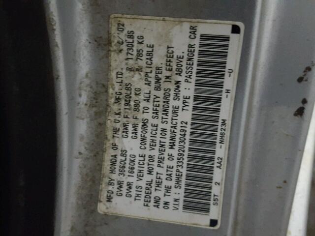 SHHEP33592U304912 - 2002 HONDA CIVIC SI SILVER photo 10