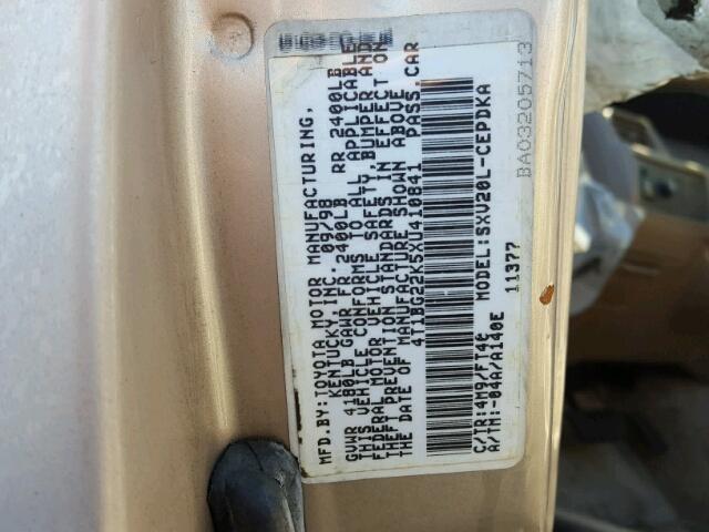 4T1BG22K5XU410841 - 1999 TOYOTA CAMRY BEIGE photo 10