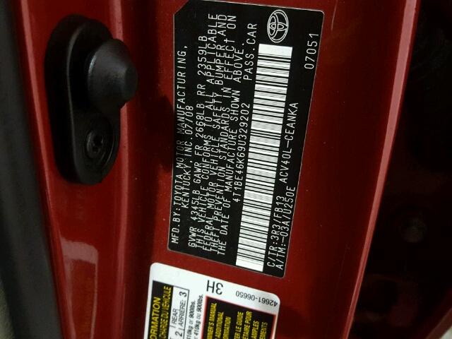 4T1BE46K69U329202 - 2009 TOYOTA CAMRY BASE RED photo 10