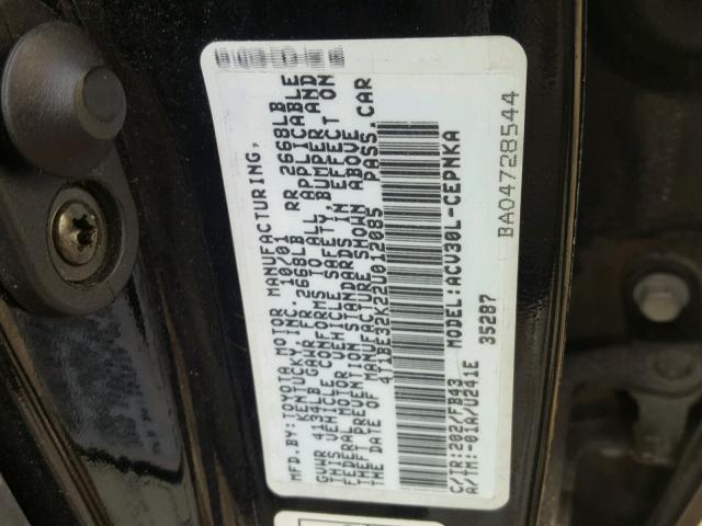 4T1BE32K22U012085 - 2002 TOYOTA CAMRY LE BLACK photo 10