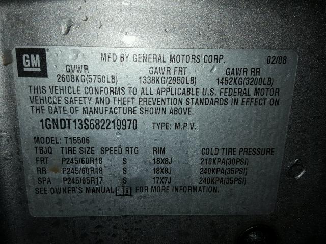 1GNDT13S682219970 - 2008 CHEVROLET TRAILBLAZE GRAY photo 10