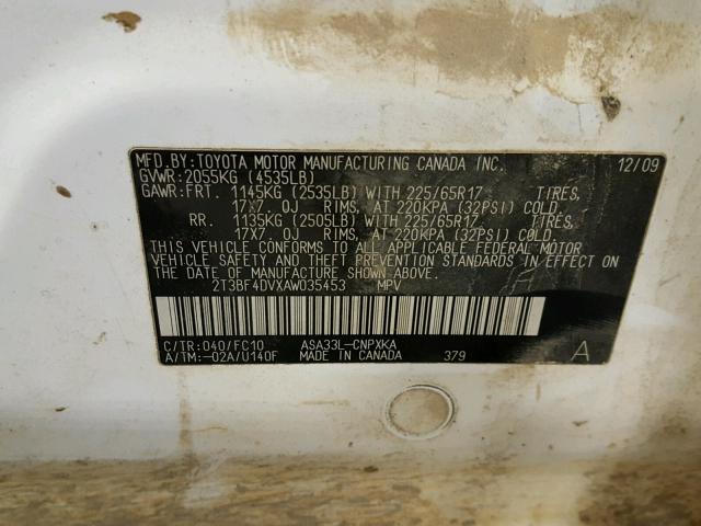 2T3BF4DVXAW035453 - 2010 TOYOTA RAV4 WHITE photo 10