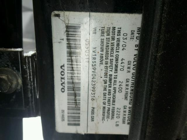 YV1RS59V042399316 - 2004 VOLVO S60 2.5T BLACK photo 10