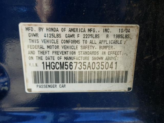 1HGCM56735A035041 - 2005 HONDA ACCORD EX BLUE photo 10