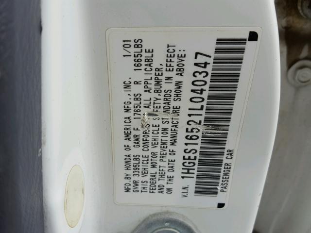 1HGES16521L040347 - 2001 HONDA CIVIC LX WHITE photo 10