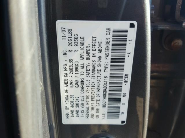 1HGCP268X8A034116 - 2008 HONDA ACCORD EXL GRAY photo 10