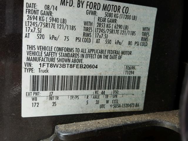 1FT8W3BT8FEB20604 - 2015 FORD F350 SUPER GRAY photo 10