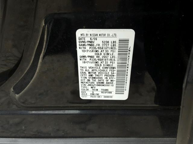 JN8AZ18WX9W209110 - 2009 NISSAN MURANO S BLACK photo 10