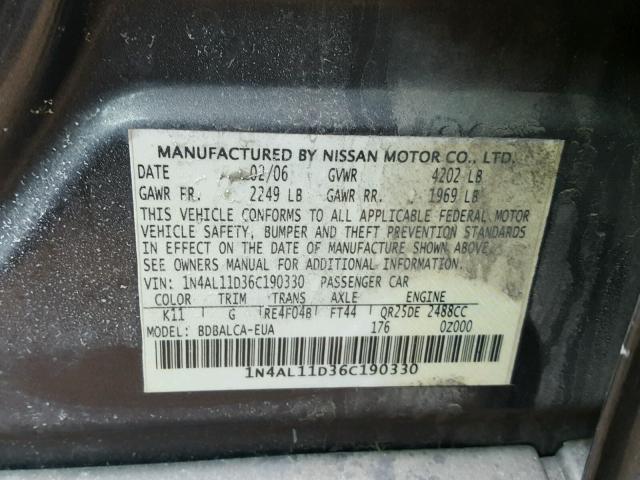 1N4AL11D36C190330 - 2006 NISSAN ALTIMA S GRAY photo 10