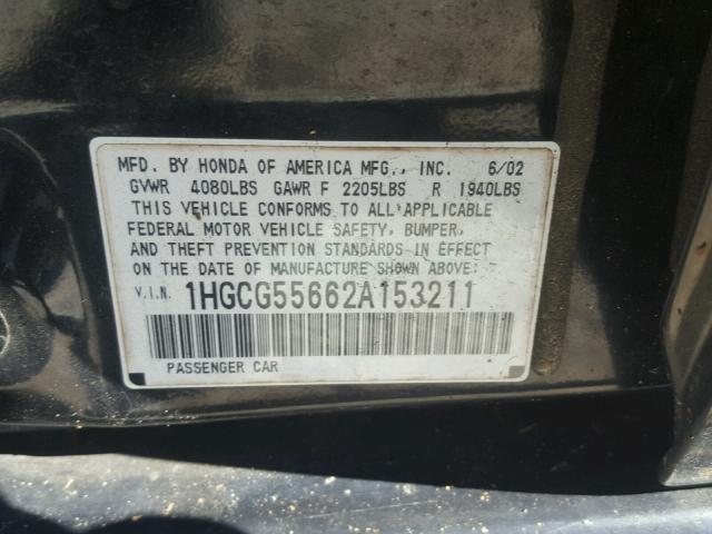 1HGCG55662A153211 - 2002 HONDA ACCORD EX BLACK photo 10