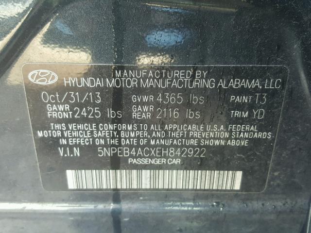 5NPEB4ACXEH842922 - 2014 HYUNDAI SONATA GLS BLUE photo 10