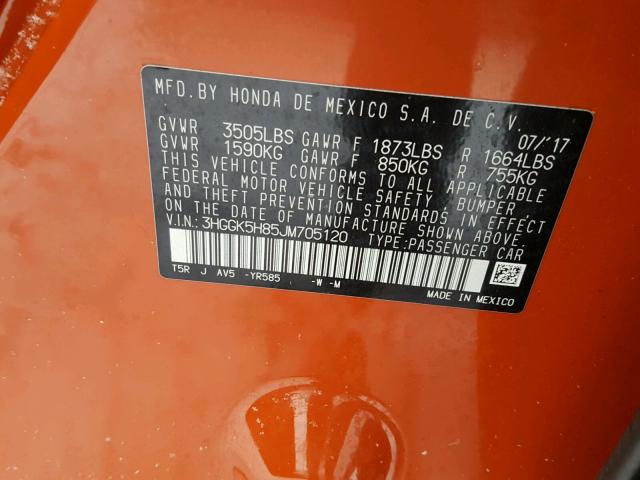 3HGGK5H85JM705120 - 2018 HONDA FIT EX ORANGE photo 10