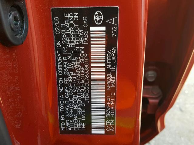 JTDKB20U783380109 - 2008 TOYOTA PRIUS RED photo 10