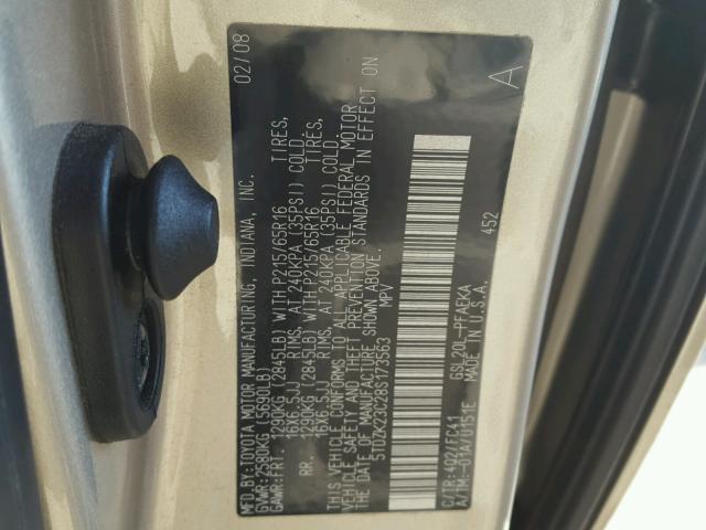 5TDZK23C28S173563 - 2008 TOYOTA SIENNA CE GOLD photo 10