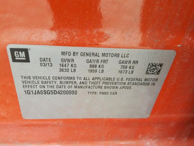 1G1JA6SG5D4200930 - 2013 CHEVROLET SONIC LS ORANGE photo 10