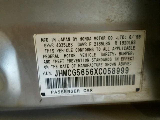 JHMCG5656XC058999 - 1999 HONDA ACCORD EX SILVER photo 10