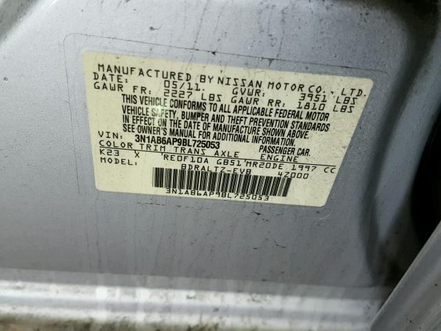 3N1AB6AP9BL725053 - 2011 NISSAN SENTRA 2.0 SILVER photo 10