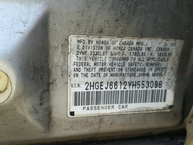 2HGEJ6612YH553098 - 2000 HONDA CIVIC BASE SILVER photo 10