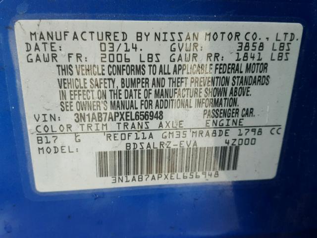 3N1AB7APXEL656948 - 2014 NISSAN SENTRA S BLUE photo 10