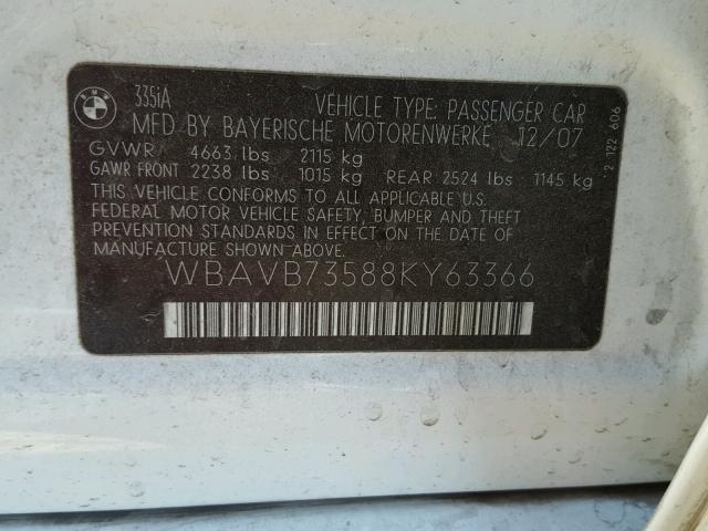 WBAVB73588KY63366 - 2008 BMW 335 I WHITE photo 10