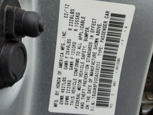 19UUA9F50CA008203 - 2012 ACURA TL SILVER photo 10