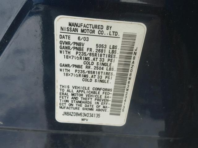 JN8AZ08W63W234135 - 2003 NISSAN MURANO SL BLUE photo 10