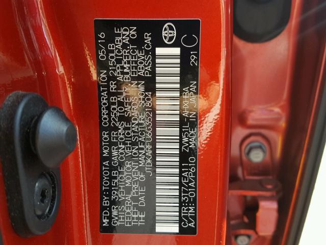 JTDKARFU6G3521804 - 2016 TOYOTA PRIUS RED photo 10